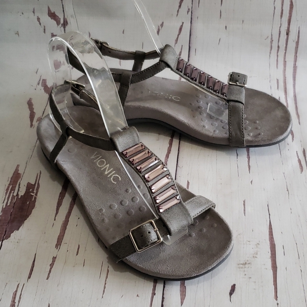 Vionic 6 gray embellish rhinestone ankle strap sandals